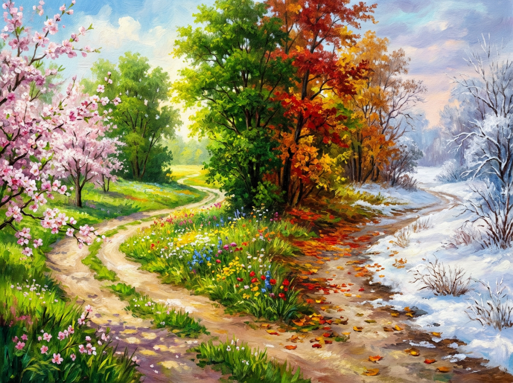Landscape painting showing the transition of four seasons along a winding dirt path.